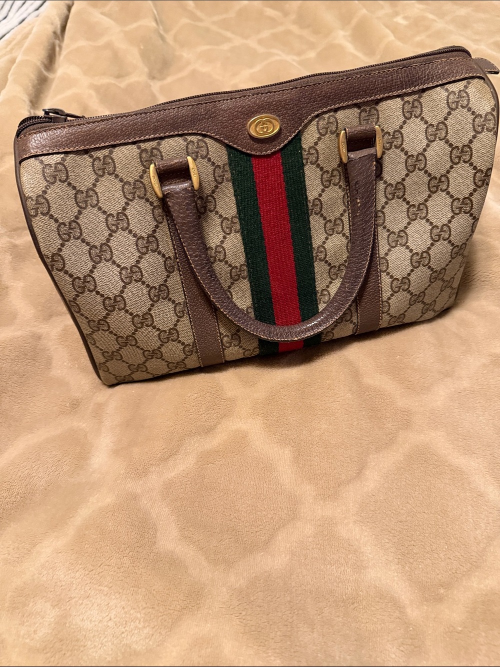 Vintage Gucci Sherry Boston GG Canvas Bag with Signature Red & Green Stripe